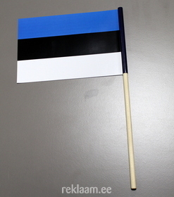 Väike eesti lipp, mille teisele poole on trükitud ettevõtte reklaam. 